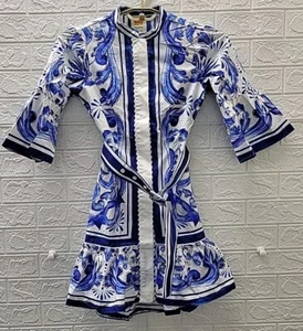 Neu Farm Rio Garten Fliesen Knopfleiste Kleid blau/weiß Größe 2XSmall - Bild 1 von 5