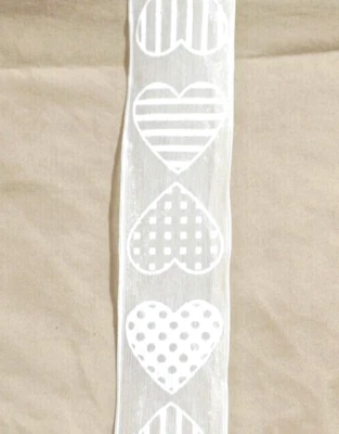 Patterned Hearts 1.5" by 5 yard Wired Ribbon White Wedding Bridal Valentines Day - Image 1 of 4