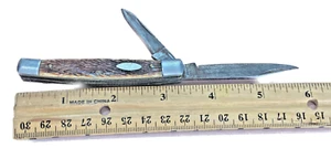 American Knife Company Two Blade Folding Knife, Brown Woodgrain Handle, Vintage - Picture 1 of 4