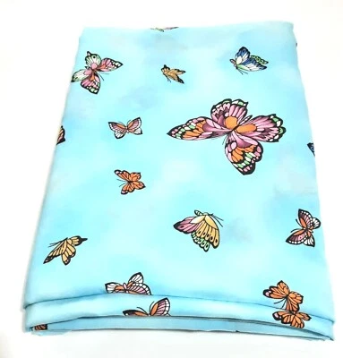 Butterflies on light blue Polysilk fabric 46" X 3 yds Colorful dress blouse  - Image 1 of 4