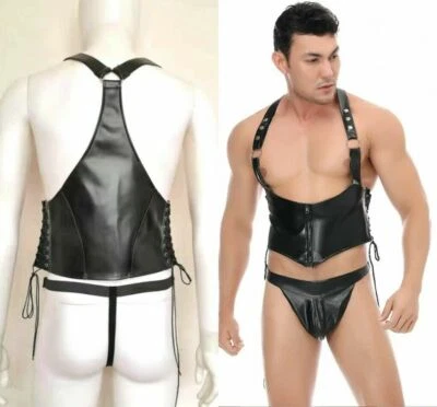 Men PU Leather Catsuit Top Vest + Briefs Fetish Night Bar Party Clubwear Costume - Image 1 of 4
