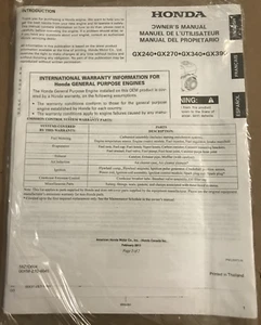 OEM Honda GX240 GX270 GX340 GX390 Owners Manual English French Spanish NEW - Picture 1 of 2