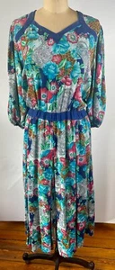 VTG 80'S DIANE FREIS PRETTY*BLUE RED WHITE FLORAL & PAISLEY PRINT MIDI DRESS*M/L - Picture 1 of 5