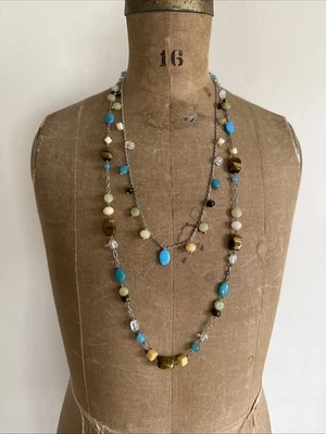 Colar de pedra semipreciosa Talbots olho de tigre azul marrom ~ seção mais longa 34” - Imagem 1 de 4