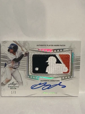 GREG JONES Auto RC #/3 1/3 Logo Man MLB Patch 2019 Leaf Trinity - Image 1 of 3
