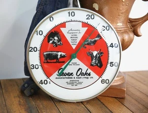 Vintage Seven Oaks Farm Thermometer Glass Advertising Sign Turkey Cattle Hogs - Picture 1 of 6
