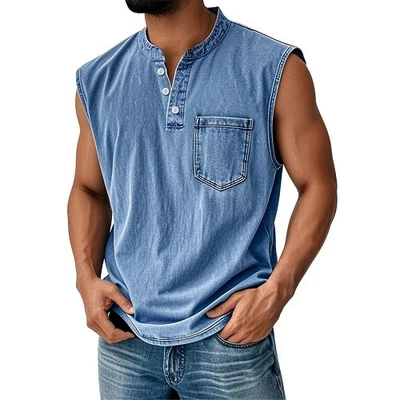 Men Sleeveless Beach Shirts Hawaiian Summer Shirt Button Vest Henley Tank Tops  - Image 1 of 4