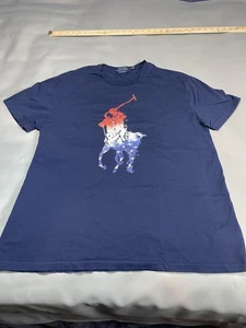 Polo Ralph Lauren Shirt Mens Large Navy Blue Classic Fit Big Pony USA Flag Tee - Picture 1 of 9