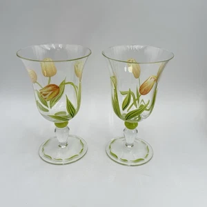 2- Cáliz de agua de tulipán de cabaña de Princess House cristal pintado a mano Rumania usado en excelente estado - Imagen 1 de 10