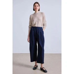 Apiece Apart Spa Pleat Pants Navy Stretch Waist Pull On Ankle Barrel Leg Sz L - Picture 1 of 12