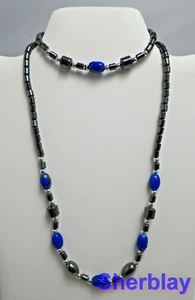 Jewelry Magnetic Hematite Beaded Therapeutic Blue Glass Bead Necklace & Bracelet - Picture 1 of 4