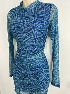 PULL&BEAR Langarmkleid blau & grün Netz Rüschenmuster Größe EUR M - Bild 1 von 12