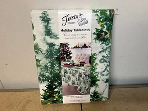Fiesta CHRISTMAS 60 x 84” Fabric Tablecloth Lighted Trees Green Multi Color NEW - Picture 1 of 3