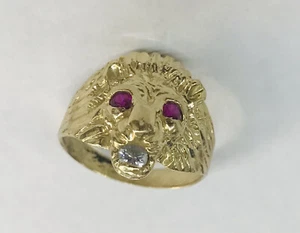 10K Yellow Gold Mens Lion Head Pinky Ring size 8.5 Fancy Band Created Ruby Eyes - Picture 1 of 7