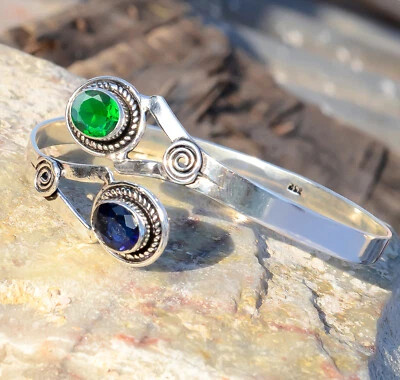 Brazalete de plata de ley 925 con piedras preciosas de diopsido y tanzanita regalo del día de la madre-xc77 Foto 1 de 4