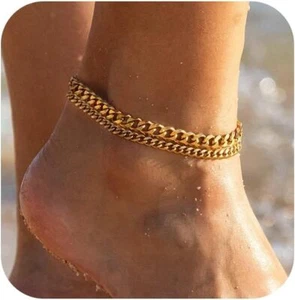 14k Gold Plated Cuban Link Anklets Set Waterproof for Women Adjustable Jewelry - Picture 1 of 6