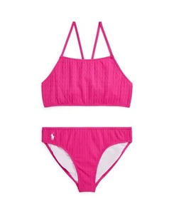 Polo Ralph Lauren Stretch Jacquard Two-Piece Swimsuit Girls 12 Bright Pink/White - Picture 1 of 19
