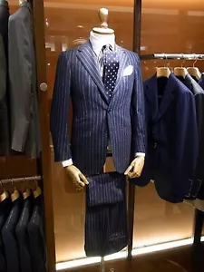 Men Blue Stripes Suit Stylish Designer Wedding Dinner Party Suits (Coat+Pants) - Picture 1 of 2
