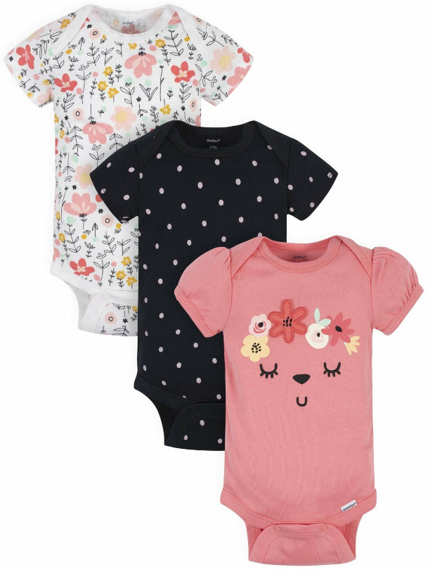GERBER BABY GIRLS 3 PACK COTTON SHORT SLEEVE ONESIES FLORAL NEWBORN NEW W/ TAGS