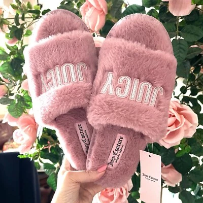 JUICY COUTURE Faux Fur Slides Sandals Slippers Womens SIZE LARGE 9-10 Mauve Pink - Image 1 of 4