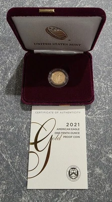 American Eagle 2021 una_décima onza $5 prueba de oro #21EE Foto 1 de 2