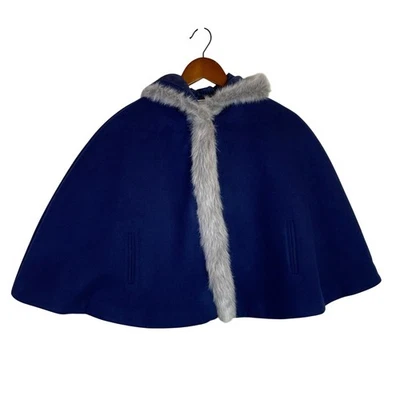 Janie and Jack Kids Navy Blue Faux Fur Trim Hooded Cape Coat Size 10 12 - Image 1 of 4
