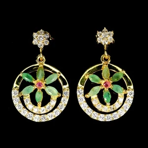 925 Sterling Silver Earrings Marquise Emerald 4x2mm Ruby Flower Gemstone Jewelry - Picture 1 of 13