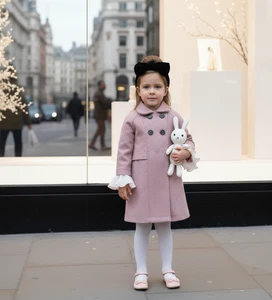 Girls' Woolen Winter long Coat  beautiful Warm Jacket Grey/Pink 3–9 Years - Picture 1 of 11