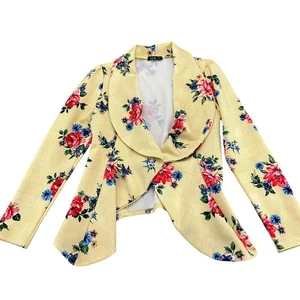 Statement Jacke Damen Medium gelb bunt kariert Blumen Flyaway 80er Vintage USA - Bild 1 von 11