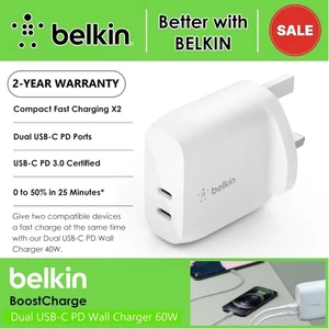 Adaptador Oficial Original Belkin 60W PD Tipo-C USB-C Cargador Rápido Pared SOLO ENCHUFE - Imagen 1 de 16