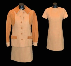 Unbranded Vintage 60s Orange Tweed Wool Micro suede 2 Piece Dress & Coat S/M - Picture 1 of 4