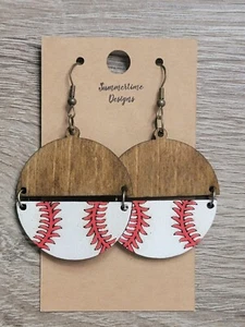 Handbemalte lasergeschnittene Holz Ohrringe Baseball geteilter Kreis 2 Zoll - Bild 1 von 1