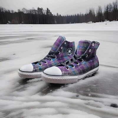 Converse Chuck Taylor All Star Purple Plaid Hi- Junior Size 6 M 5.5 W 7.5 [New] - Image 1 of 4