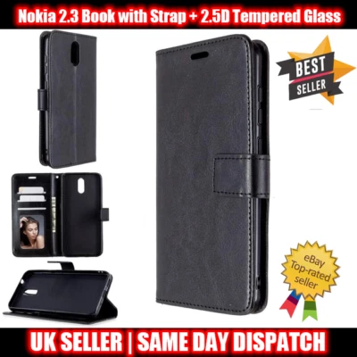 Nokia 2.3 Black Book Case Flip with Strap + 2.5D Tempered Glass Protector - Image 1 of 4