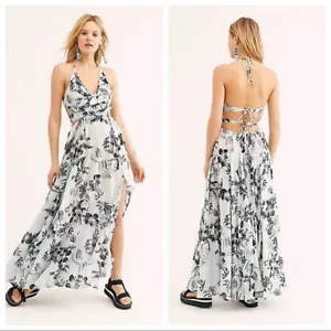 Free People Lillie Maxi Abito Donna Halter Scollo a V Floreale Taglia S Blu - Foto 1 di 16