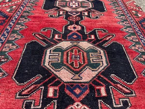 3x9 VINTAGE RUNNER RUG HAND-KNOTTED ANTIQUE heriz handmade geometric red blue - Picture 1 of 15