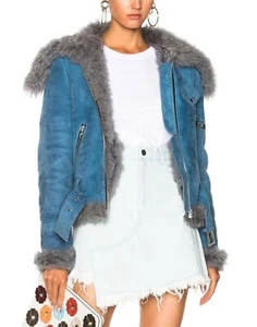 Sandy Liang Skyla Blue Shearling Aviator Jacket Faux Suede Fur Trim Belted Moto - Picture 1 of 15