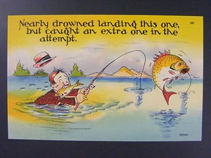 Funny Humor Fishing Comic Linen Postcard c1930-50 Vintage VTG Asheville - Picture 1 of 2