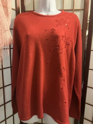 Haband Beautiful Red Sweater XL Sequins/ Embroidery Long Sleeve Round Neck - Image 1 of 4