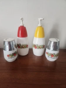 Vintage Corning Ware "Spice Of Life" Ketchup, Mustard & Salt and Pepper Shakers - Picture 1 of 13