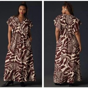 ANTHROPOLOGIE x MAEVE Cassandra Maxikleid braun Animal Print Biesen Gr. S {Z28} - Bild 1 von 2