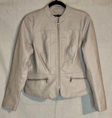 Baccini Tan Nude Faux Leather Peplum Moto Jacket Lined Sz M - Image 1 of 4