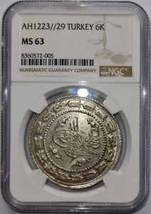 TURKEY OTTOMAN EMPIRE - ΑΗ1223/29  6 Kurush,Mahmud II - NGC MS63 !!! - Picture 1 of 2