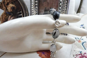 Gorgeous Retro Sterling Silver Agate CZ Bracelet Adjustable Toggle Clasp 925 - Picture 1 of 11