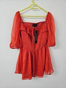 Lovedrobe Shirred Puff Sleeve Blouse Womens 12 Red Coral Square Neck Boho BNWT - Picture 1 of 9