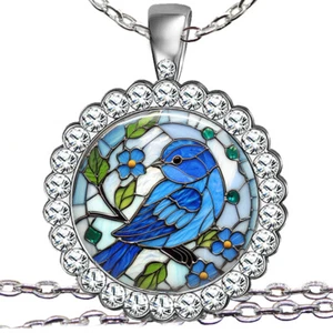 Bluebird Necklace Faux Stained Glass Art Print Crystal Pendant Bird Lover Gift - Picture 1 of 5