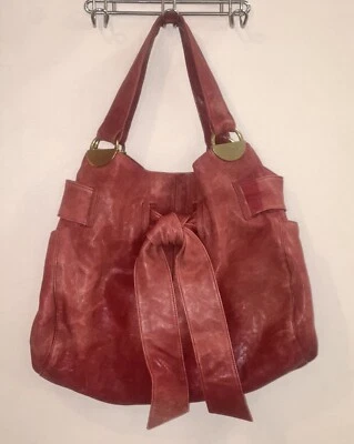 Kooba Red Leather Brass Hardware Tie Bow Detail Purse Shoulder Bag Clutch - Image 1 of 4