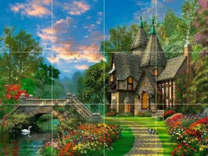 Victorian castle cottage country garden & swans ceramic tile mural backsplash - Picture 1 of 8