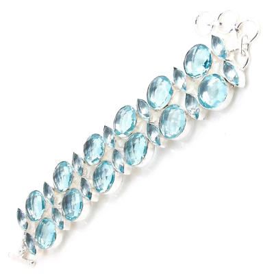Most Beautiful Aquamarine Handmade Gemstone Bracelet Jewelry Size 8 Inches - Image 1 of 3