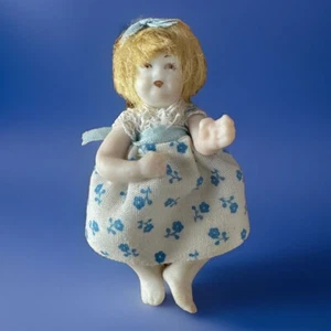 Vintage Miniature Artisan Bisque Porcelain Jointed 2.5" Girl Doll Hair Dress - Picture 1 of 6